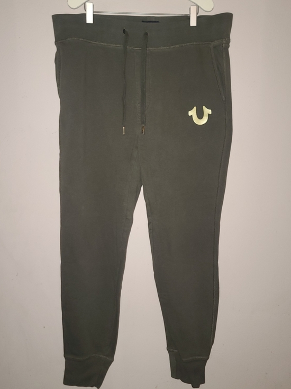 True Religion Mens Army Green Sweatpants Ankle Cuffed Joggers Drawstring Sz L